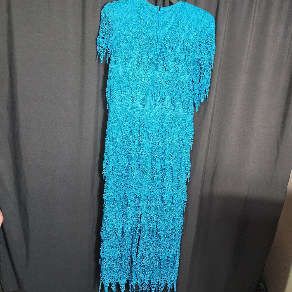 Cattiva Vintage Turquoise Blue Tiered Floral Guipure Lace Evening Gown 12 USA‎ - Picture 4 of 8